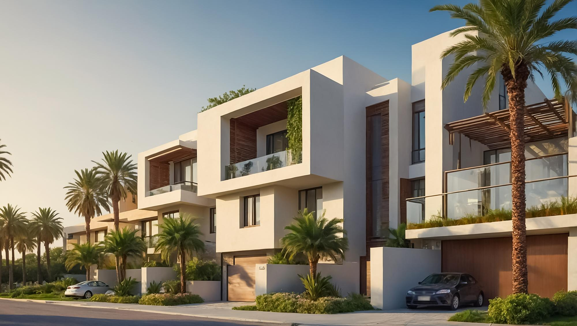 Side view of a modern villa with a palm tree